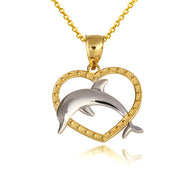 Two-Tone Gold Beaded Heart Dolphin Pendant Necklace