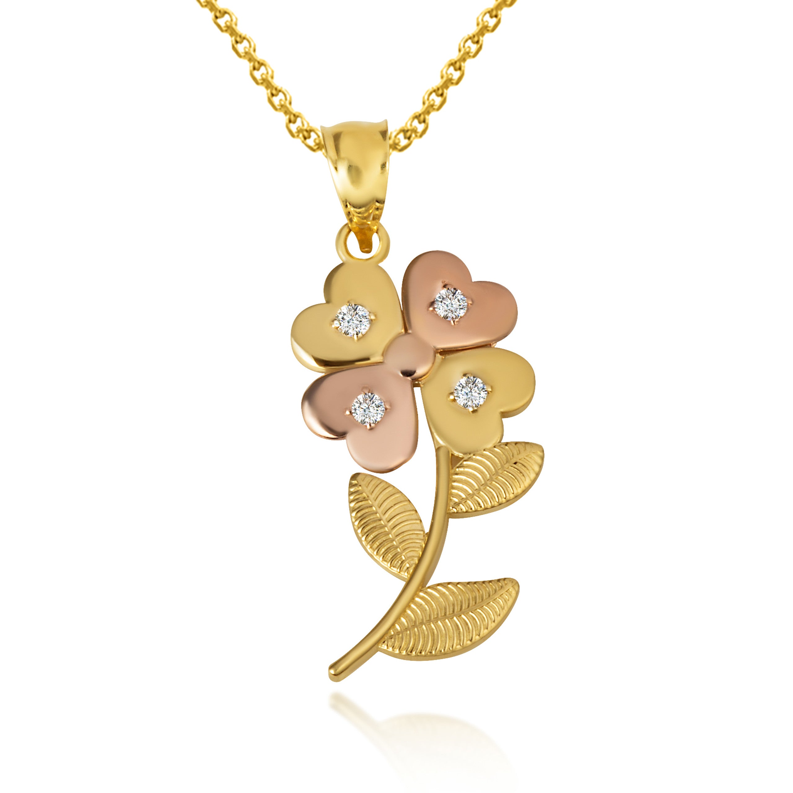 Two-Tone Gold Cubic Zirconia 4 Leaf Clover Flower Pendant Necklace (Available in Yellow/Rose/White Gold)