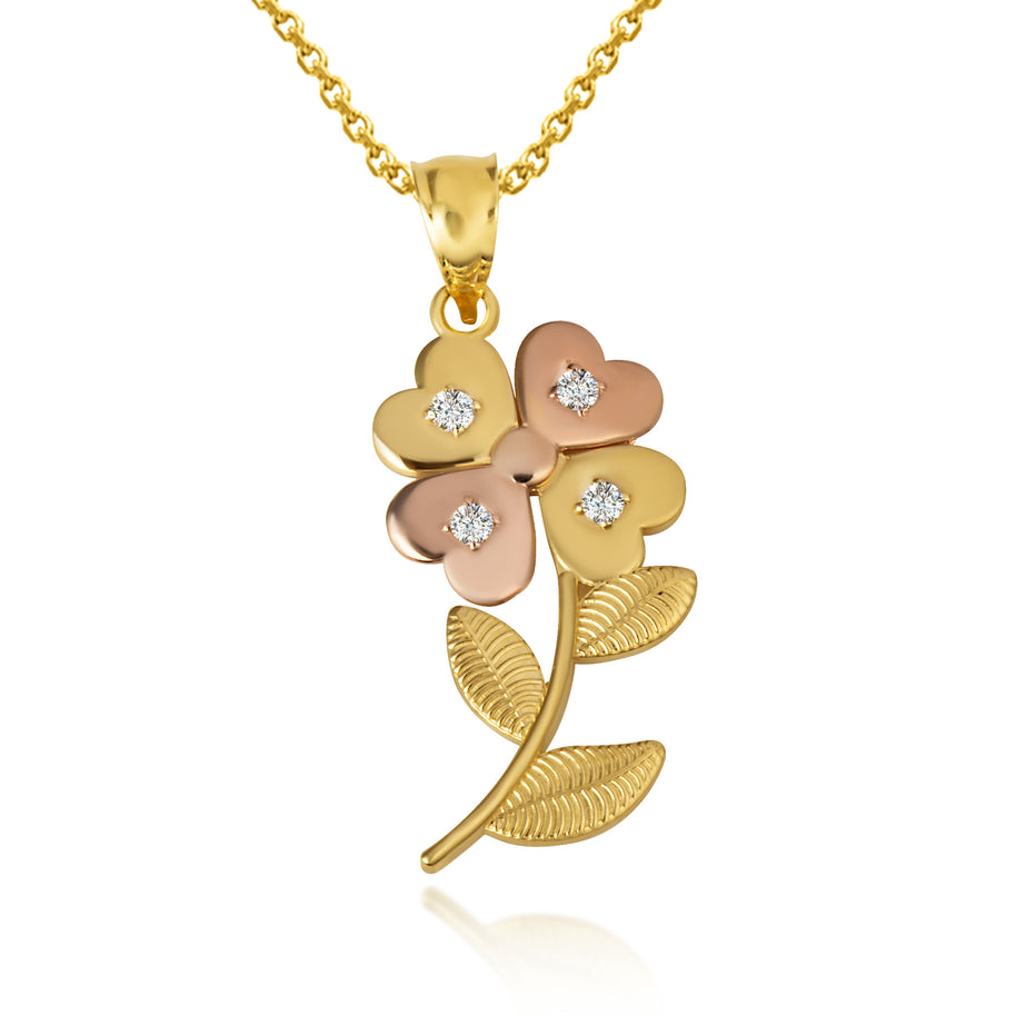 Two-Tone Gold Cubic Zirconia 4 Leaf Clover Flower Pendant Necklace (Available in Yellow/Rose/White Gold)