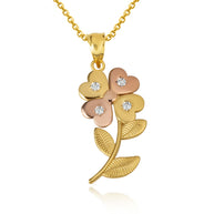 Two-Tone Gold Cubic Zirconia 4 Leaf Clover Flower Pendant Necklace (Available in Yellow/Rose/White Gold)