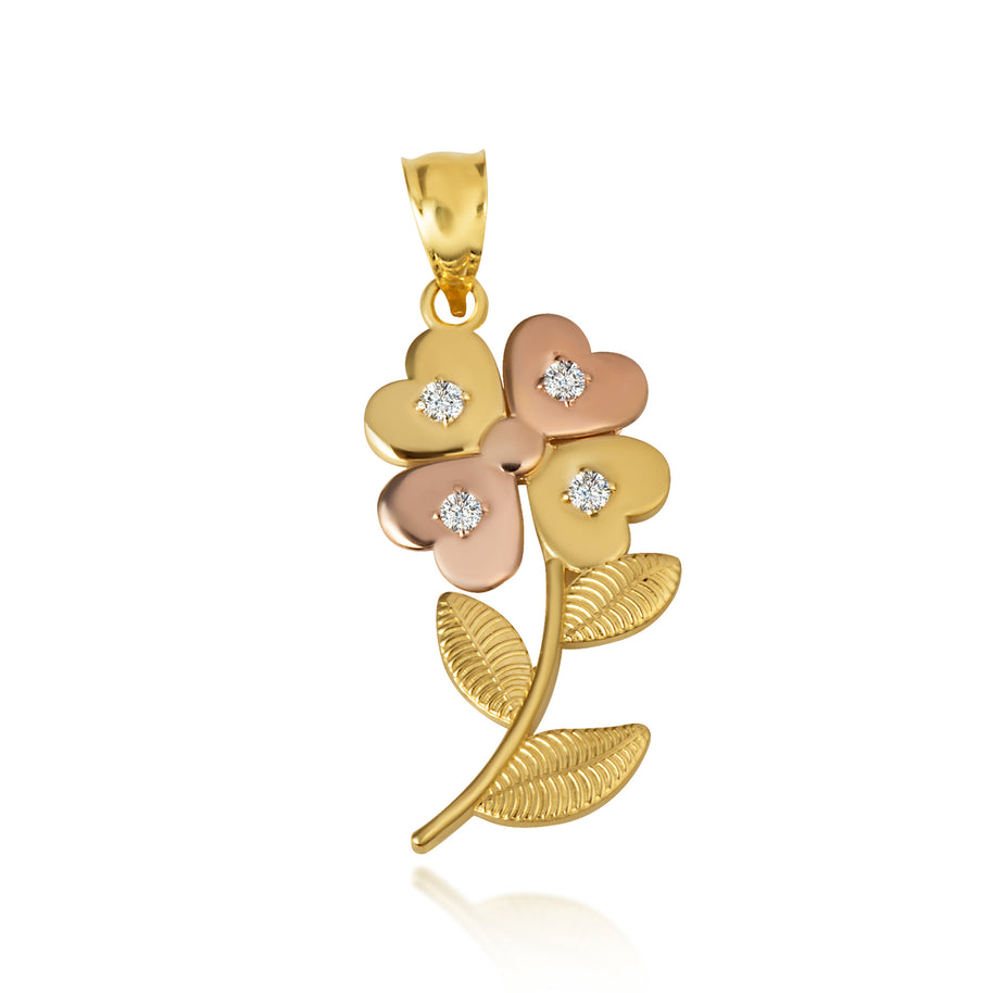 Two-Tone Gold Cubic Zirconia 4 Leaf Clover Flower Pendant Necklace (Available in Yellow/Rose/White Gold)