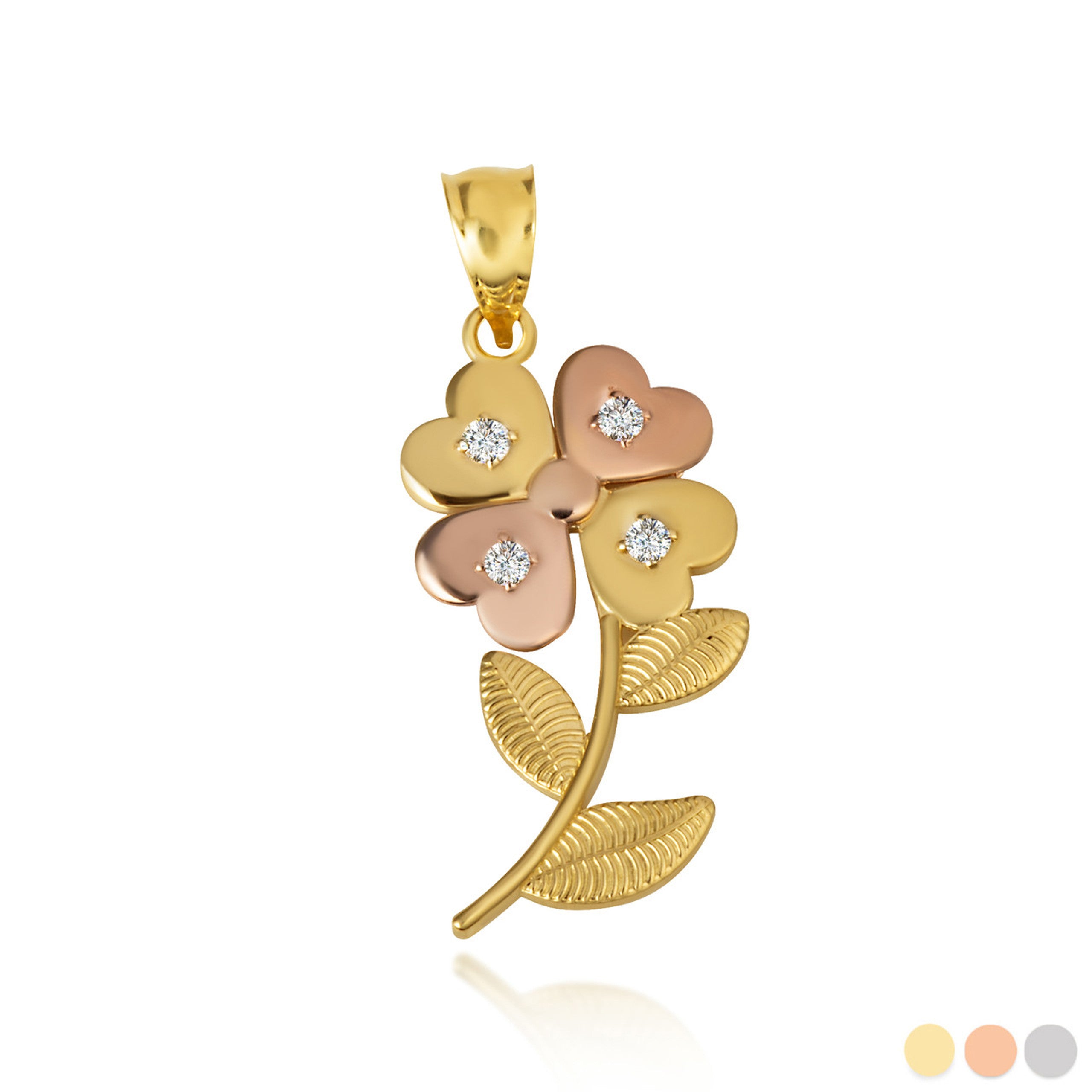 Two-Tone Gold Cubic Zirconia 4 Leaf Clover Flower Pendant Necklace (Available in Yellow/Rose/White Gold)