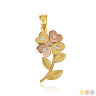 Two-Tone Gold Cubic Zirconia 4 Leaf Clover Flower Pendant Necklace (Available in Yellow/Rose/White Gold)