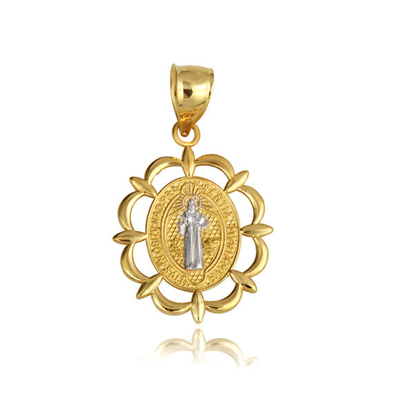 Two-Tone Gold Reversible Patron Saint Benedict Oval Medallion Pendant Necklace