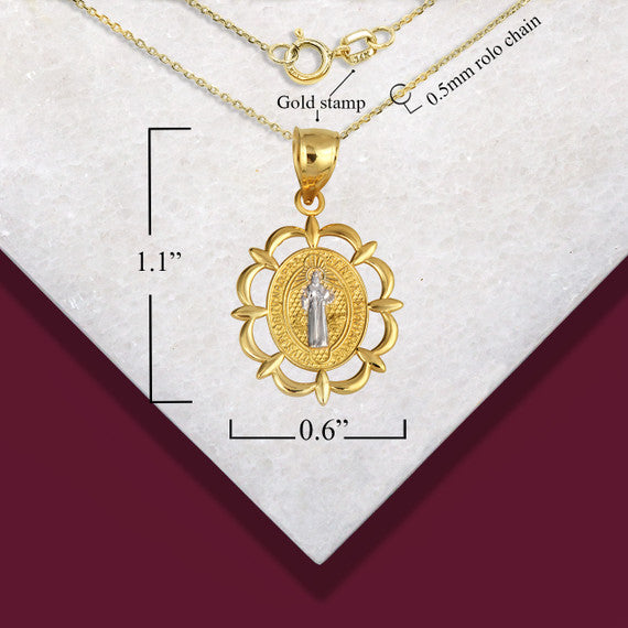 Two-Tone Gold Reversible Patron Saint Benedict Oval Medallion Pendant Necklace