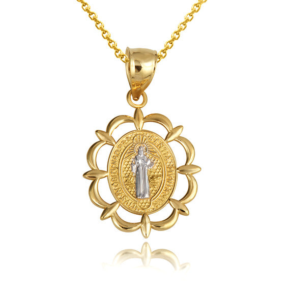 Two-Tone Gold Reversible Patron Saint Benedict Oval Medallion Pendant Necklace