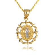 Two-Tone Gold Reversible Patron Saint Benedict Oval Medallion Pendant Necklace