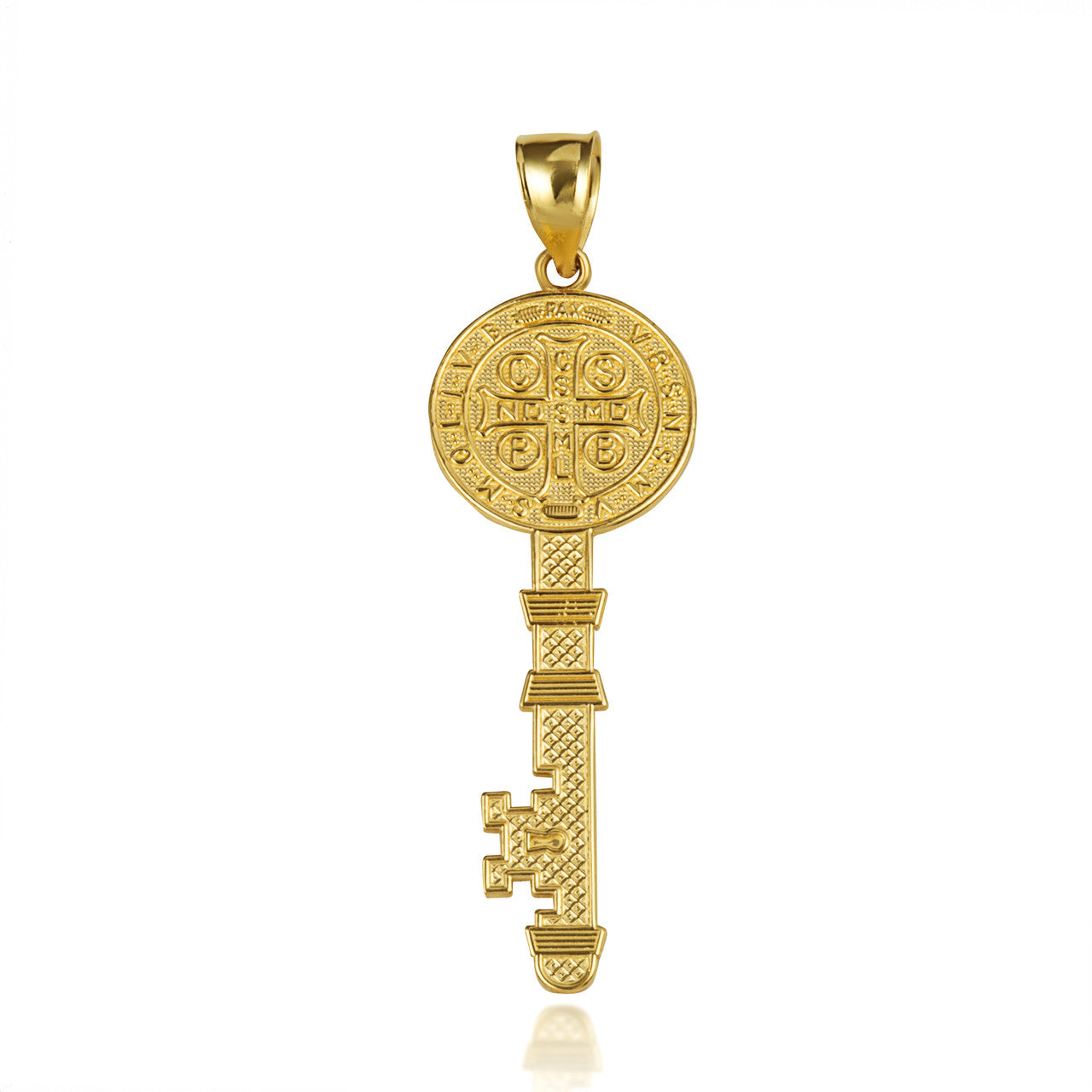 Two-Tone Gold Saint Benedict Medal Key Textured Pendant Necklace (Available in Small/Large & Yellow/Rose/White Gold)