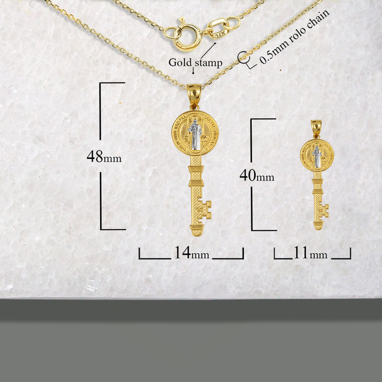 Two-Tone Gold Saint Benedict Medal Key Textured Pendant Necklace (Available in Small/Large & Yellow/Rose/White Gold)