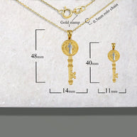 Two-Tone Gold Saint Benedict Medal Key Textured Pendant Necklace (Available in Small/Large & Yellow/Rose/White Gold)