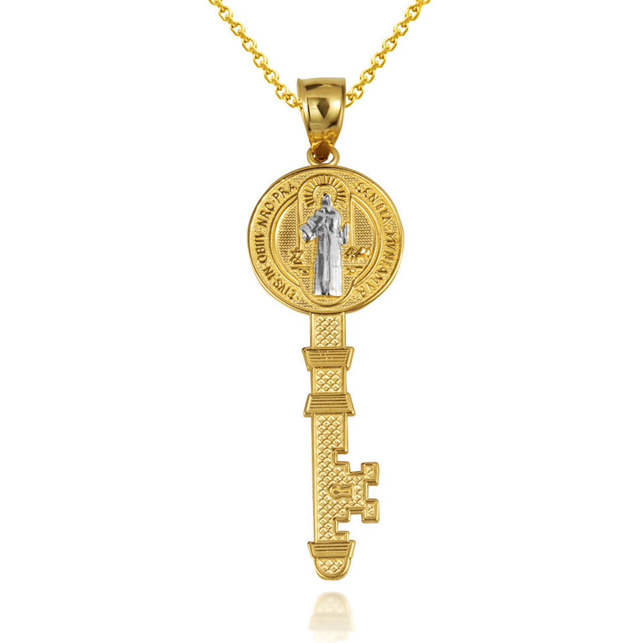 Two-Tone Gold Saint Benedict Medal Key Textured Pendant Necklace (Available in Small/Large & Yellow/Rose/White Gold)
