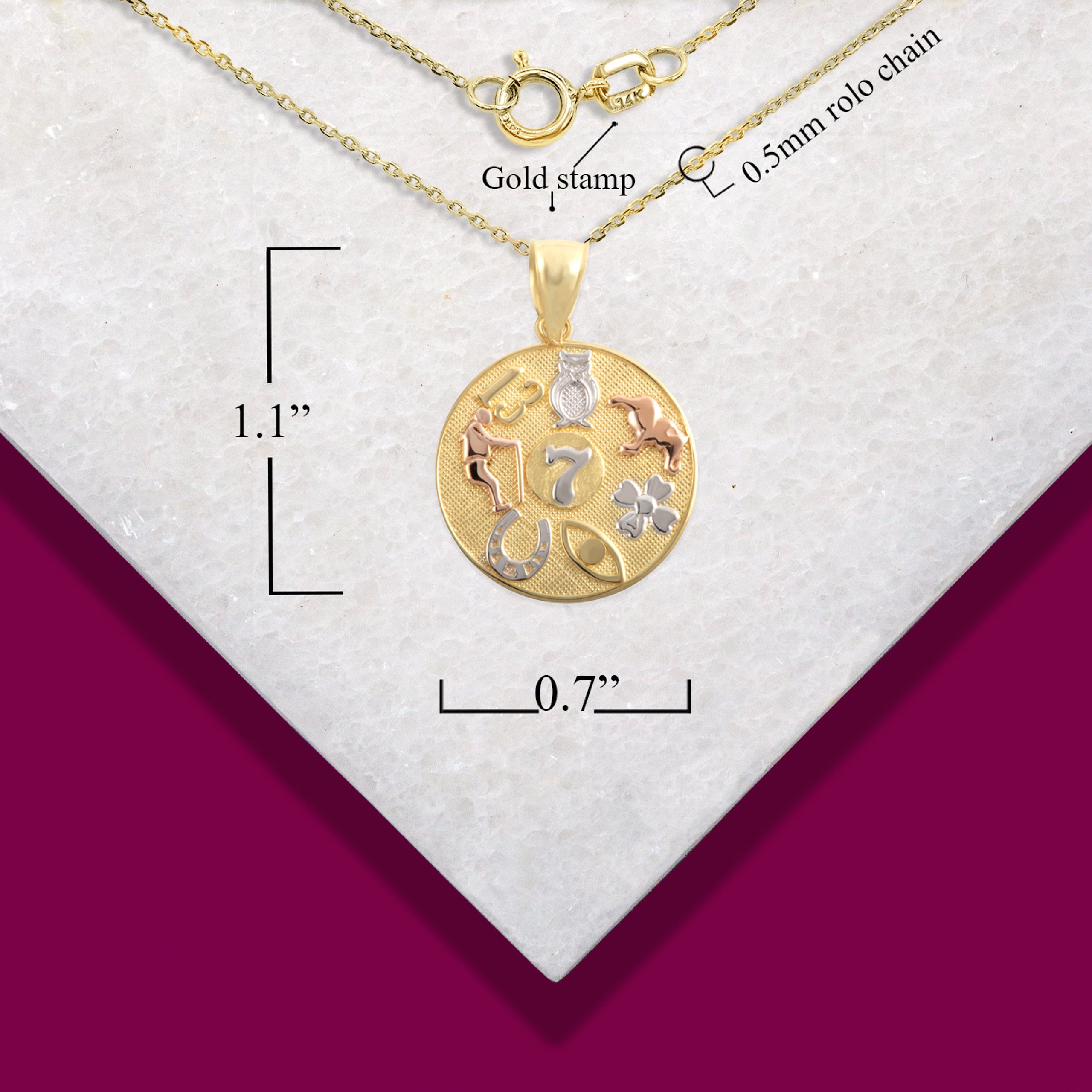 Tri-Color Gold Lucky Symbols Beaded Medallion Pendant Necklace (Available in Yellow/Rose/White Gold)