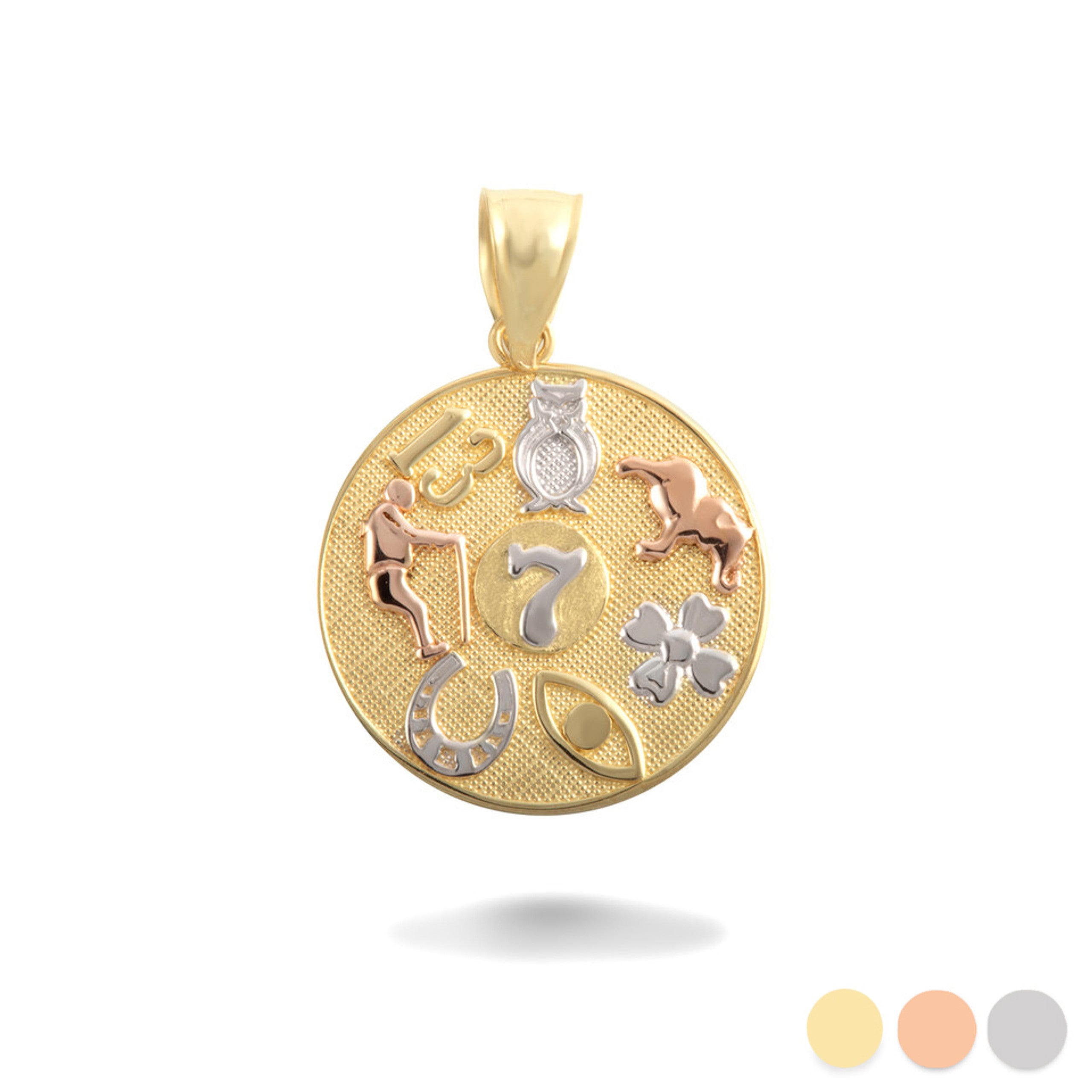 Tri-Color Gold Lucky Symbols Beaded Medallion Pendant Necklace (Available in Yellow/Rose/White Gold)