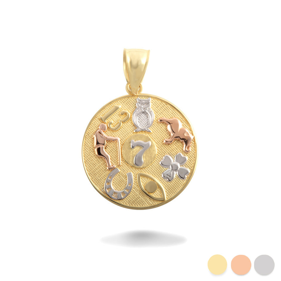 Tri-Color Gold Lucky Symbols Beaded Medallion Pendant Necklace (Available in Yellow/Rose/White Gold)