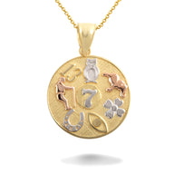 Tri-Color Gold Lucky Symbols Beaded Medallion Pendant Necklace (Available in Yellow/Rose/White Gold)