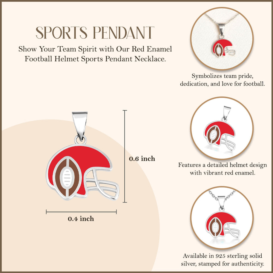 .925 Sterling Silver Red Enamel Football Helmet Sports Pendant Necklace