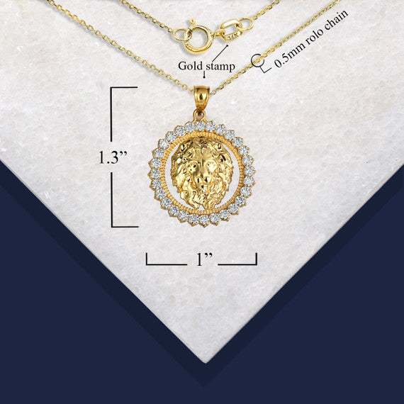 Gold Lion Head Round Cubic Zirconia Pendant Necklace (Available in Yellow/Rose/White Gold)