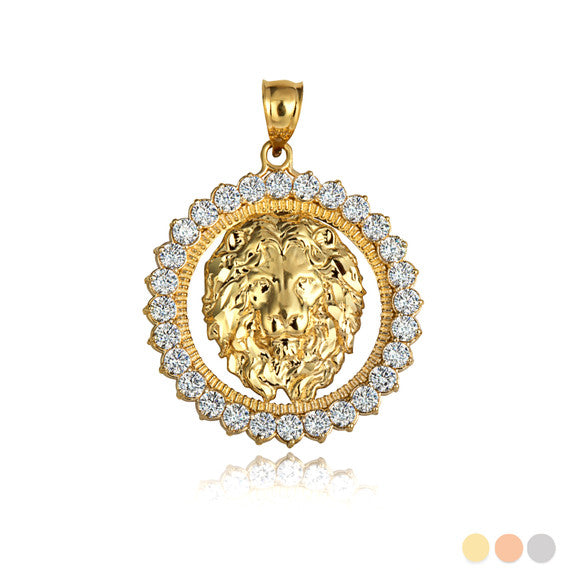 Gold Lion Head Round Cubic Zirconia Pendant Necklace (Available in Yellow/Rose/White Gold)