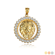 Gold Lion Head Round Cubic Zirconia Pendant Necklace (Available in Yellow/Rose/White Gold)
