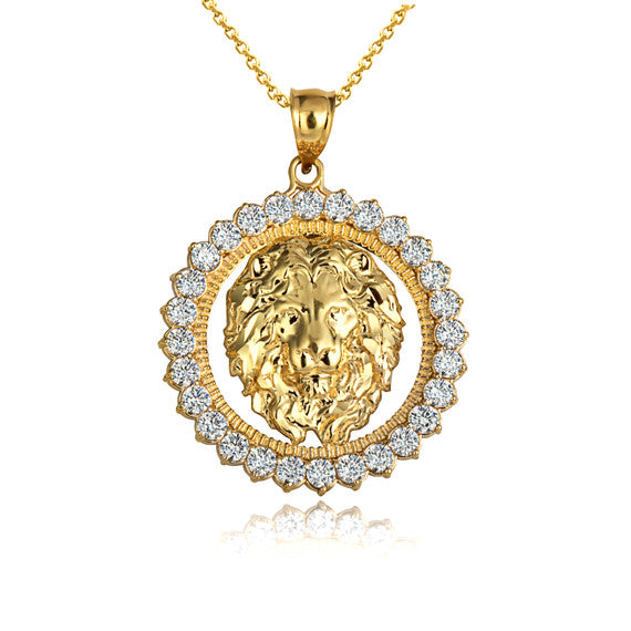 Gold Lion Head Round Cubic Zirconia Pendant Necklace (Available in Yellow/Rose/White Gold)