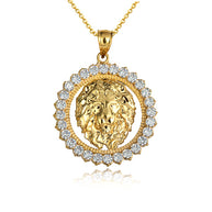 Gold Lion Head Round Cubic Zirconia Pendant Necklace (Available in Yellow/Rose/White Gold)