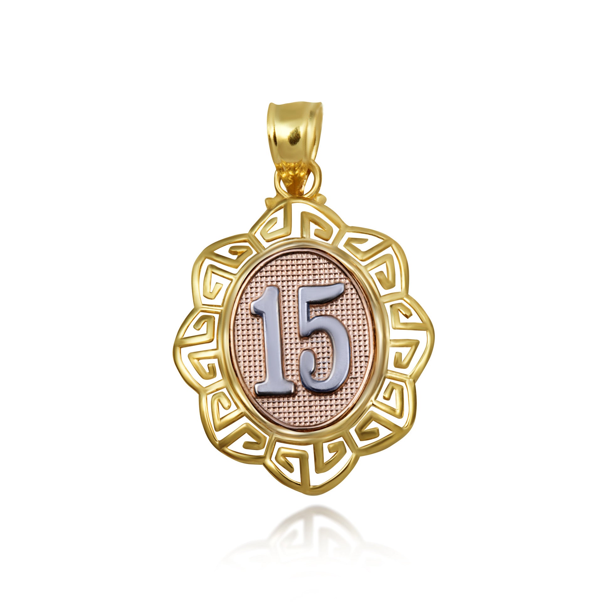 Tri-Color Gold Quinceañera 15 Años Greek Key Textured Pendant Necklace