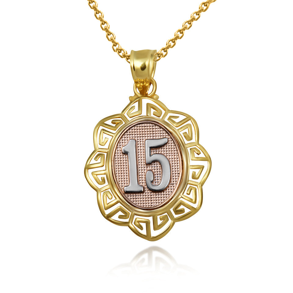 Tri-Color Gold Quinceañera 15 Años Greek Key Textured Pendant Necklace
