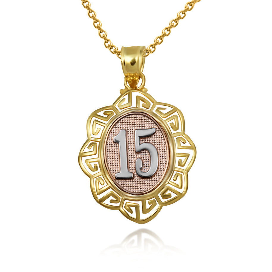 Tri-Color Gold Quinceañera 15 Años Greek Key Textured Pendant Necklace