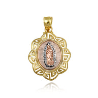 Tri-Color Gold Our Lady of Guadalupe Greek Key Oval Textured Pendant Necklace