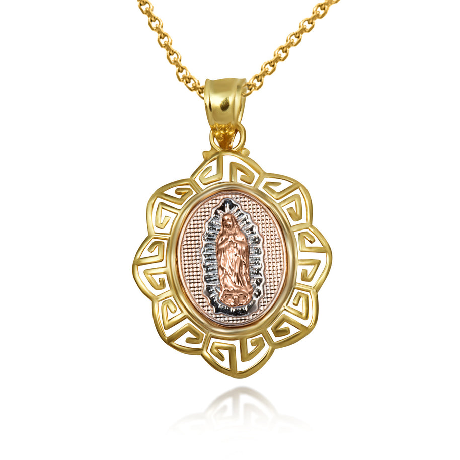Tri-Color Gold Our Lady of Guadalupe Greek Key Oval Textured Pendant Necklace