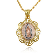 Tri-Color Gold Our Lady of Guadalupe Greek Key Oval Textured Pendant Necklace
