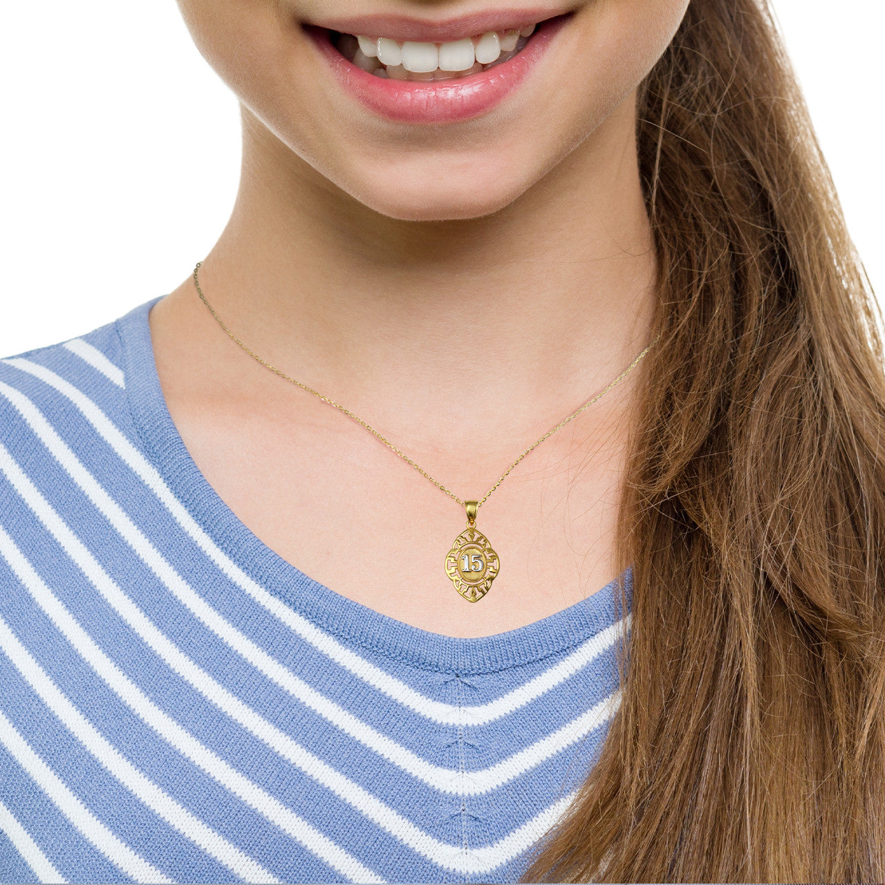 Solid Gold Two-Tone Quinceañera 15 Años Greek Key Oval Beaded Pendant Necklace (Available in Yellow/Rose/White Gold)