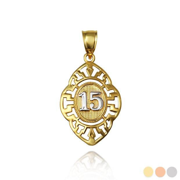 Solid Gold Two-Tone Quinceañera 15 Años Greek Key Oval Beaded Pendant Necklace (Available in Yellow/Rose/White Gold)