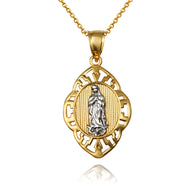 Two-Tone Gold Our Lady of Guadalupe Greek Key Oval Beaded Pendant Necklace