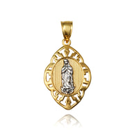 Two-Tone Gold Our Lady of Guadalupe Greek Key Oval Beaded Pendant Necklace