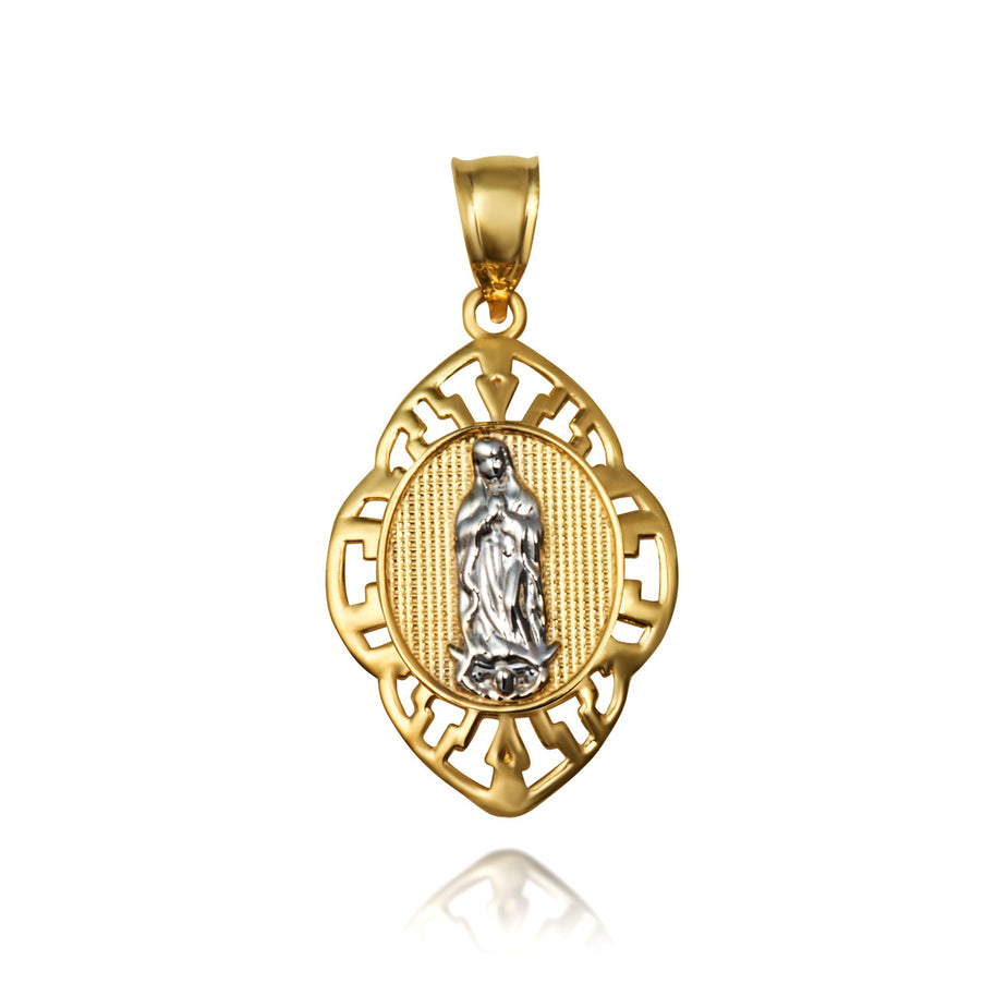 Two-Tone Gold Our Lady of Guadalupe Greek Key Oval Beaded Pendant Necklace