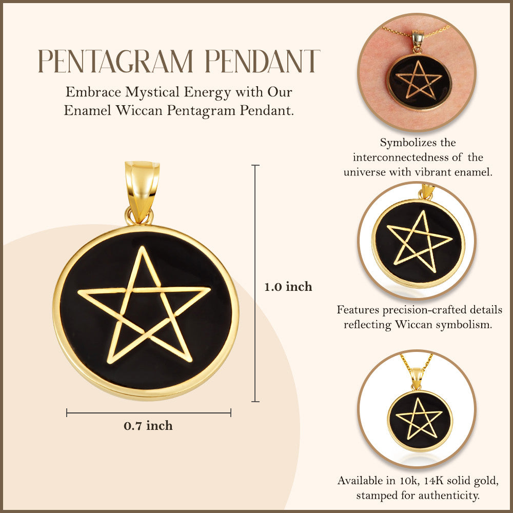 Gold Enamel Wiccan 5 Point Star Pentagram Medallion Pendant Necklace (Available in Yellow/Rose/White Gold)