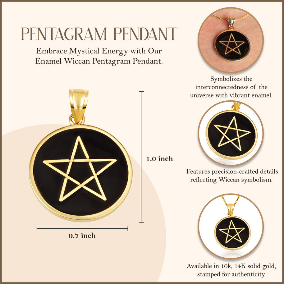 Gold Enamel Wiccan 5 Point Star Pentagram Medallion Pendant Necklace (Available in Yellow/Rose/White Gold)
