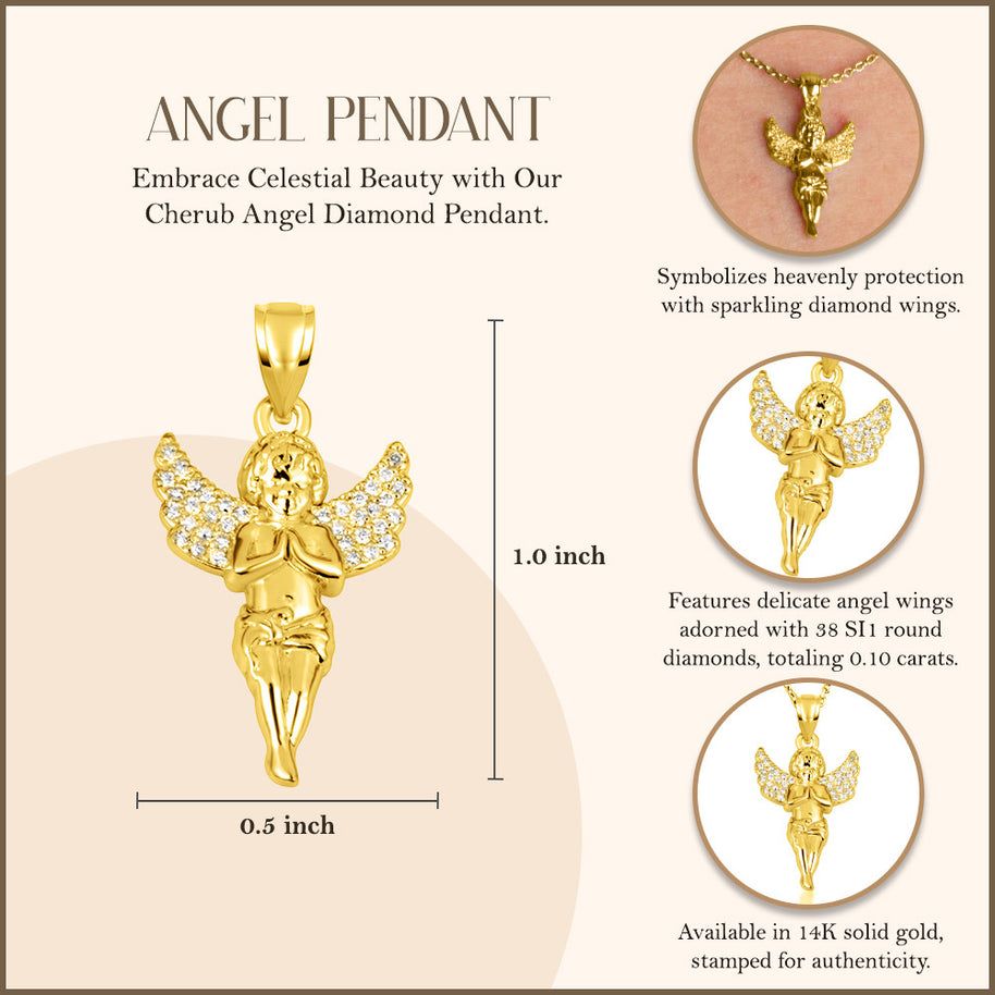 Gold Cherub Angel Diamond Wings Pendant Necklace (Available in Yellow/Rose/White Gold)