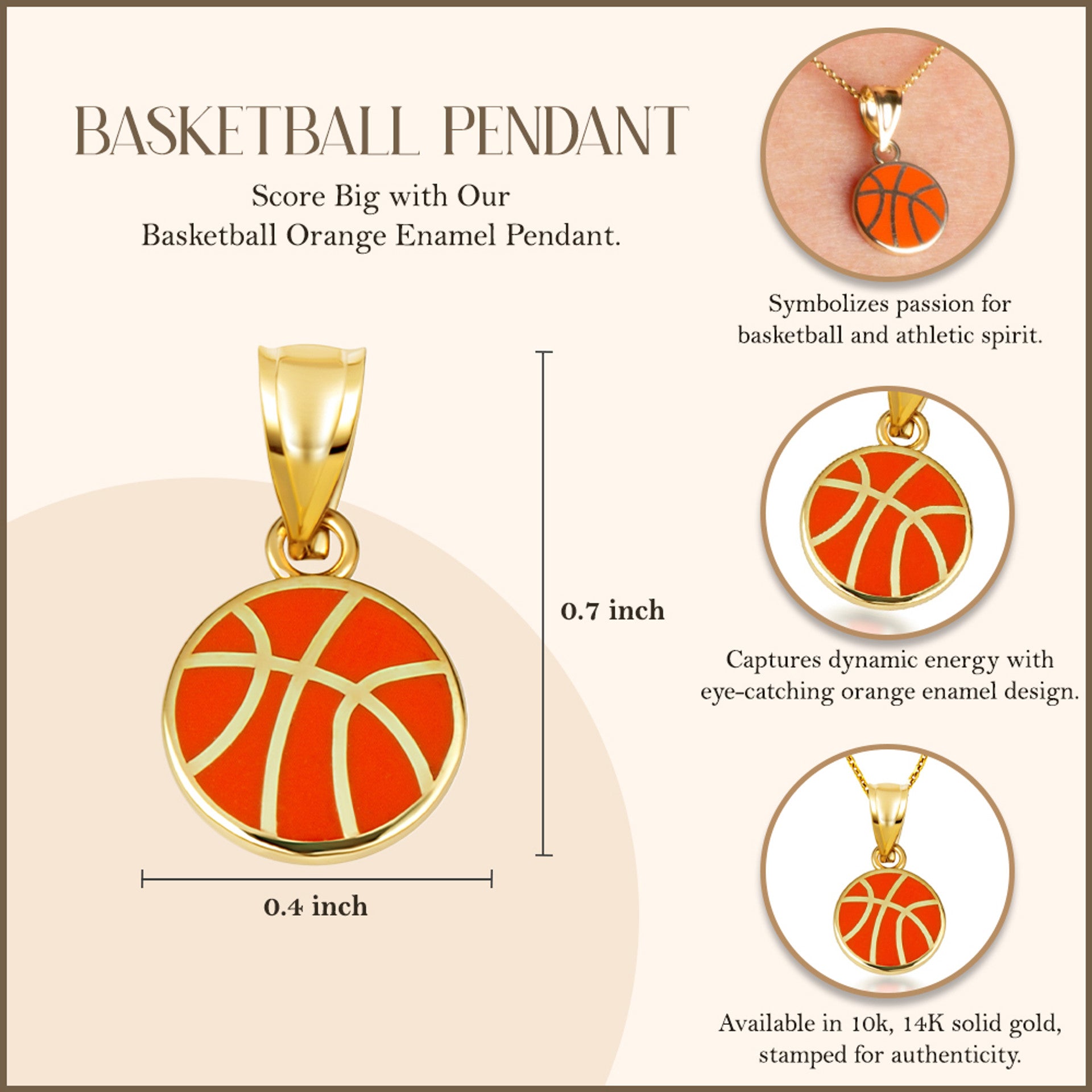 Gold Enamel Basketball Necklace (Available in Yellow Gold, Rose Gold, White Gold)