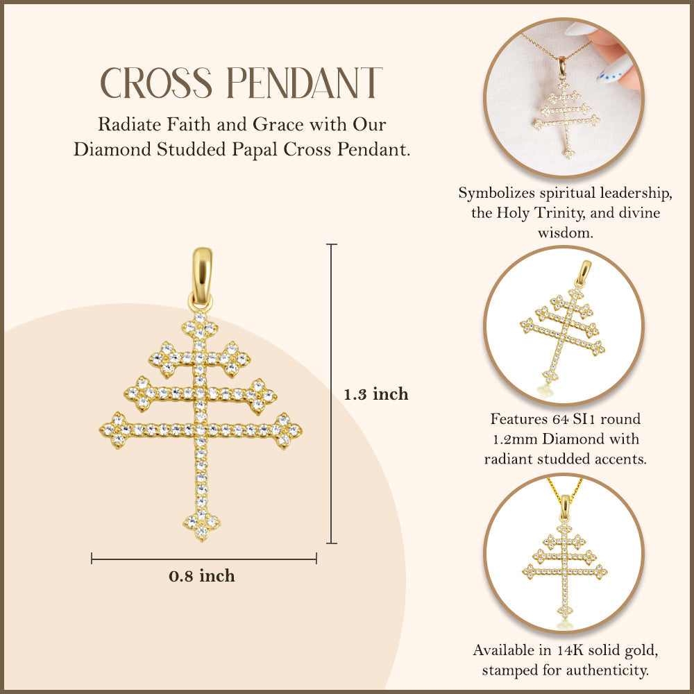 14K Gold Diamond Studded Papal Cross Pendant Necklace (Available in Yellow/Rose/White Gold)