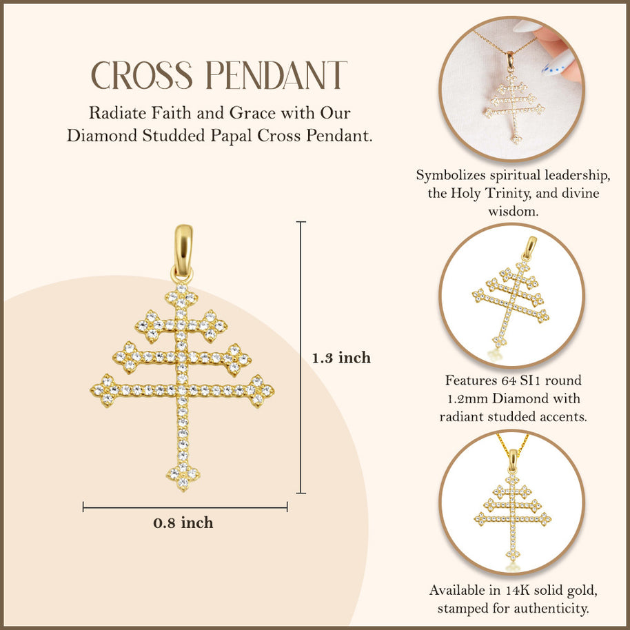 14K Gold Diamond Studded Papal Cross Pendant Necklace (Available in Yellow/Rose/White Gold)
