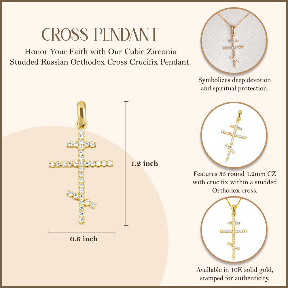 10K Gold Cubic Zirconia Russian Orthodox Cross Crucifix Pendant Necklace (Available in Yellow/Rose/White Gold)