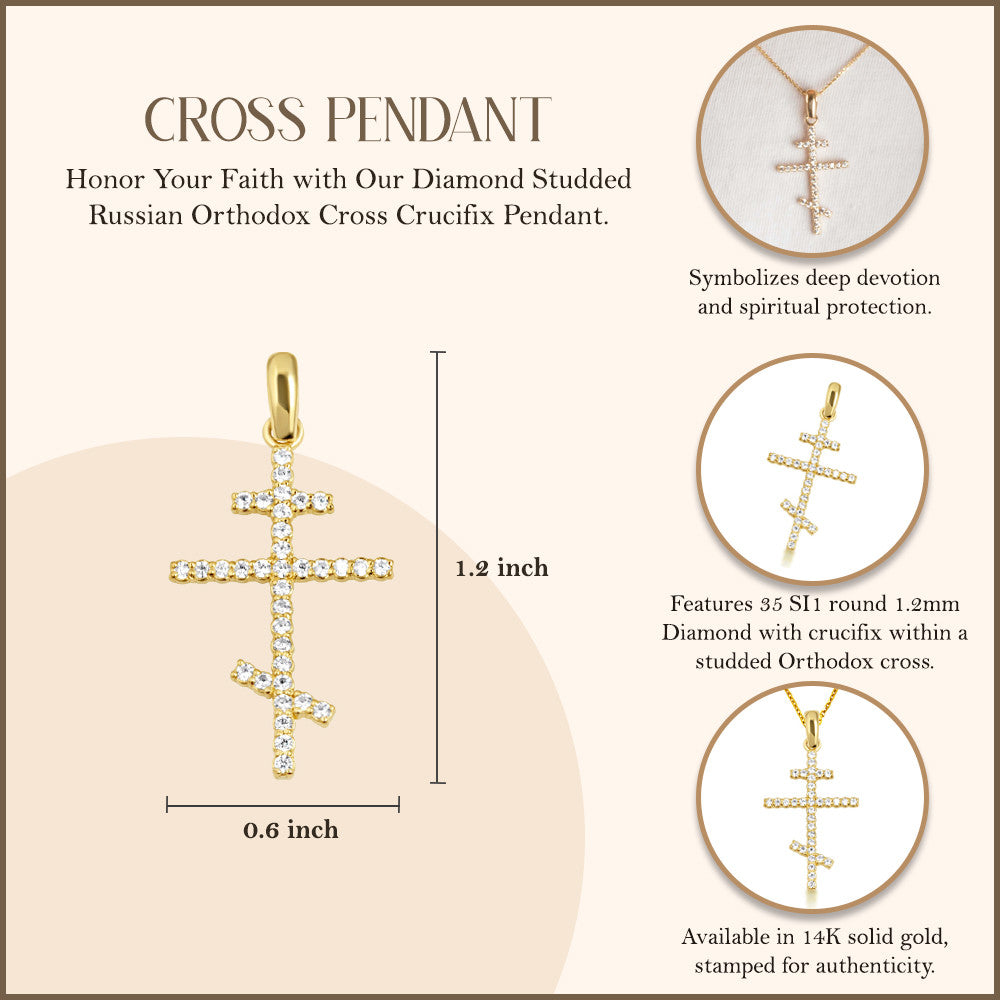 14K Gold Diamond Russian Orthodox Cross Crucifix Pendant Necklace (Available in Yellow/Rose/White Gold)