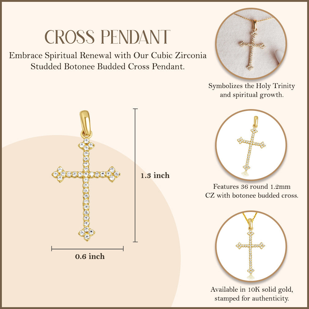 10K Gold Studded Botonee Budded Cross Pendant Necklace (Available in Yellow/Rose/White Gold)