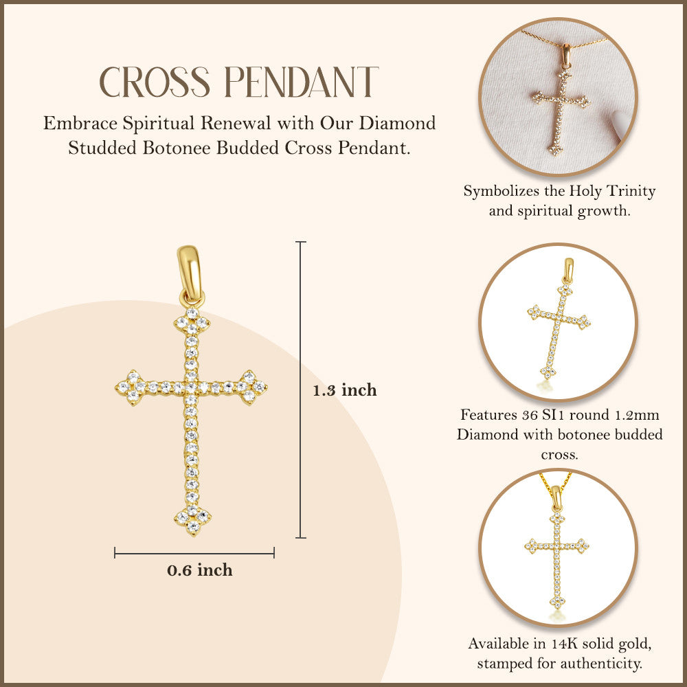 14K Gold Diamond Studded Botonee Budded Cross Pendant Necklace (Available in Yellow/Rose/White Gold)