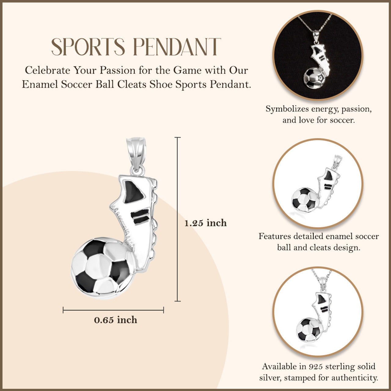 .925 Sterling Silver Enamel Soccer Ball Cleats Shoe Sports Pendant Necklace
