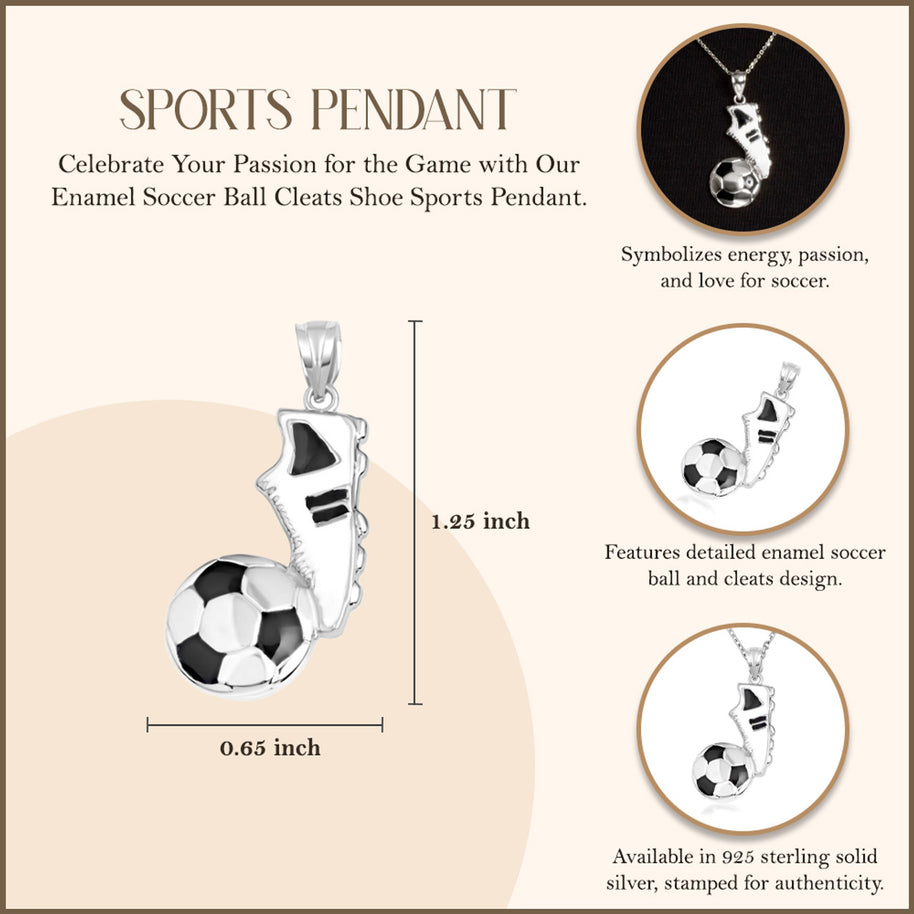 .925 Sterling Silver Enamel Soccer Ball Cleats Shoe Sports Pendant Necklace
