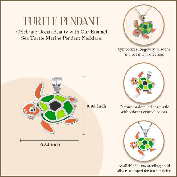 .925 Sterling Silver Enamel Sea Turtle Marine Pendant Necklace