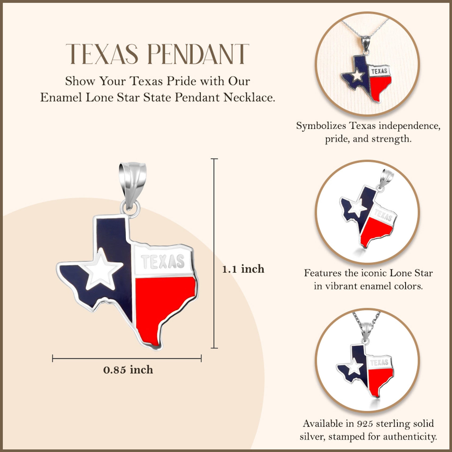 .925 Sterling Silver Enamel Texas Lone Star State Pendant Necklace